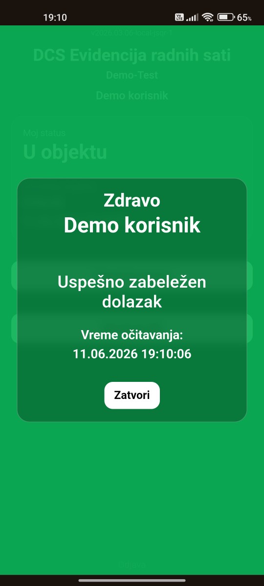 Potvrda uspešno zabeleženog dolaska u mobilnoj aplikaciji
