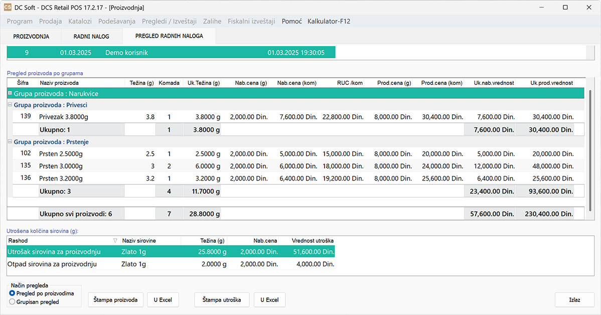 DCS Softver za zlatare Proizvodnja